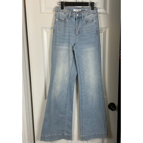 Judy Blue Size 0/24 Cadence Jean Hi Waist Wide Leg Braided Waistband Bohemian R2 - Picture 2 of 12